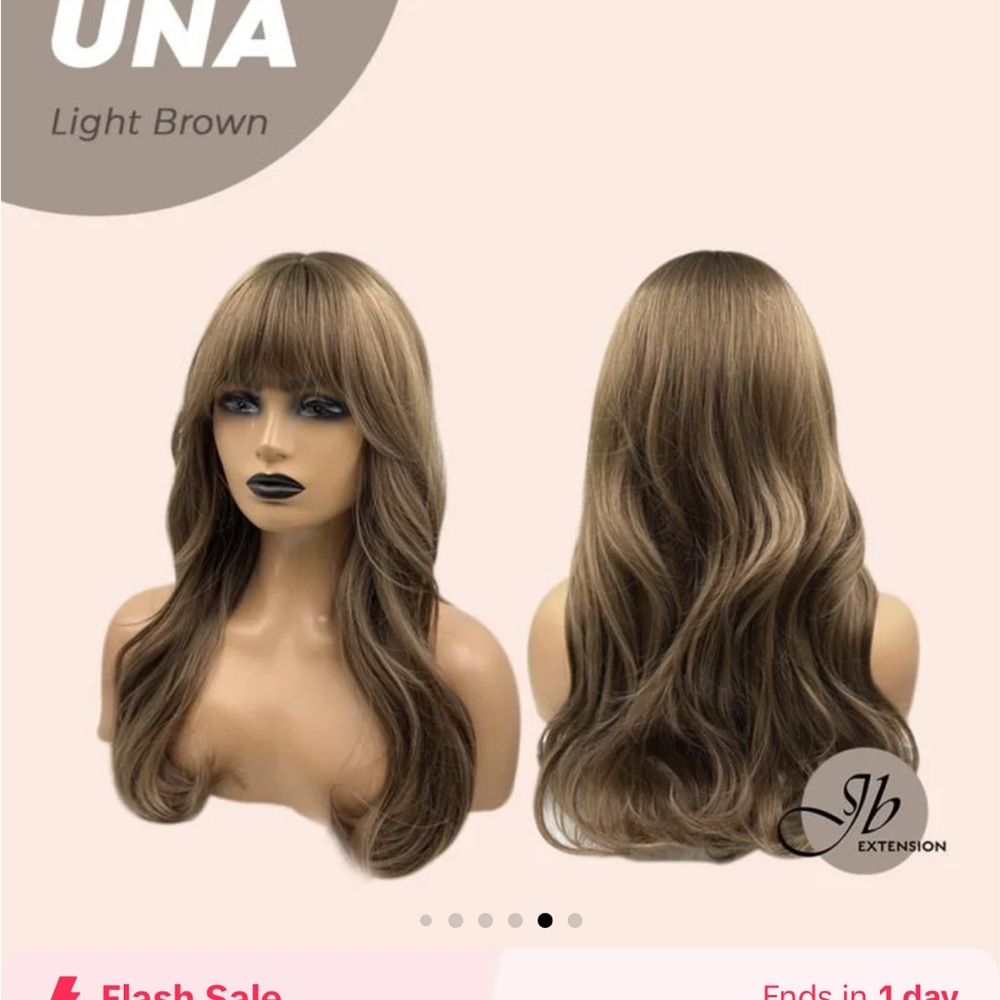 JBExtension Una Wig Light Brown Brunette Bangs Layered Waves 22 Inch Synthetic